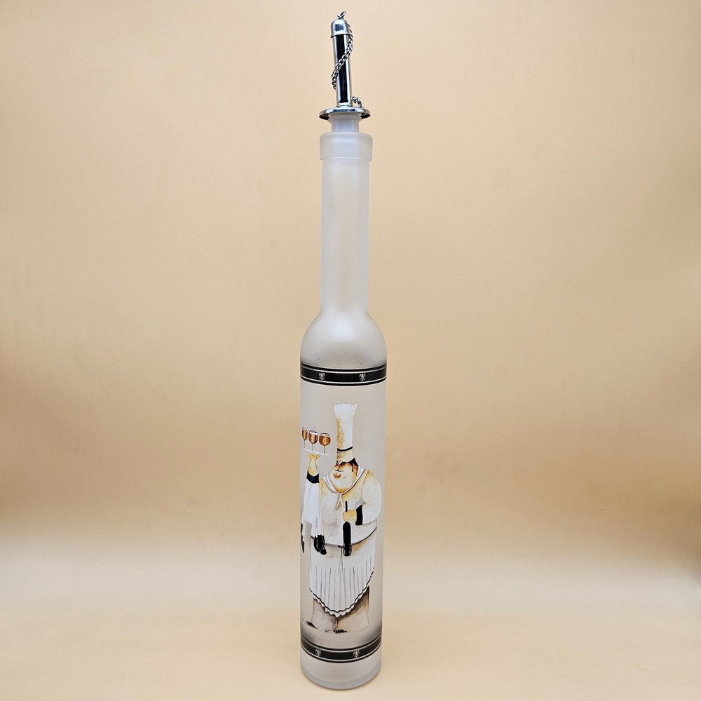Frosted Glass Bottle w/ Stainless Steel Pour Spout and Chain Stopper Decorative